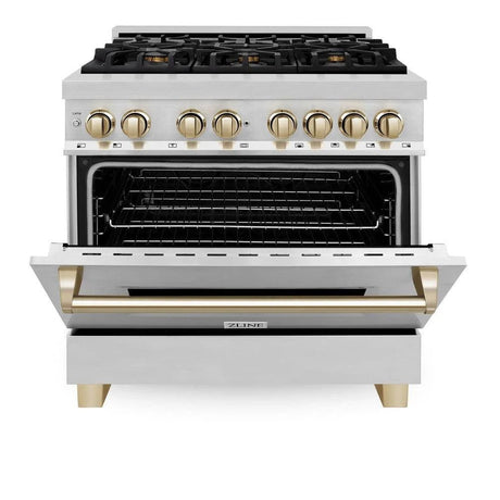 ZLINE Autograph Edition 36 in. 4.6 cu. ft. Legacy Dual Fuel Range with 6 Burner Gas Cooktop and Electric Convection Oven in Stainless Steel and Polished Gold Accents (RAZ - 36 - G)