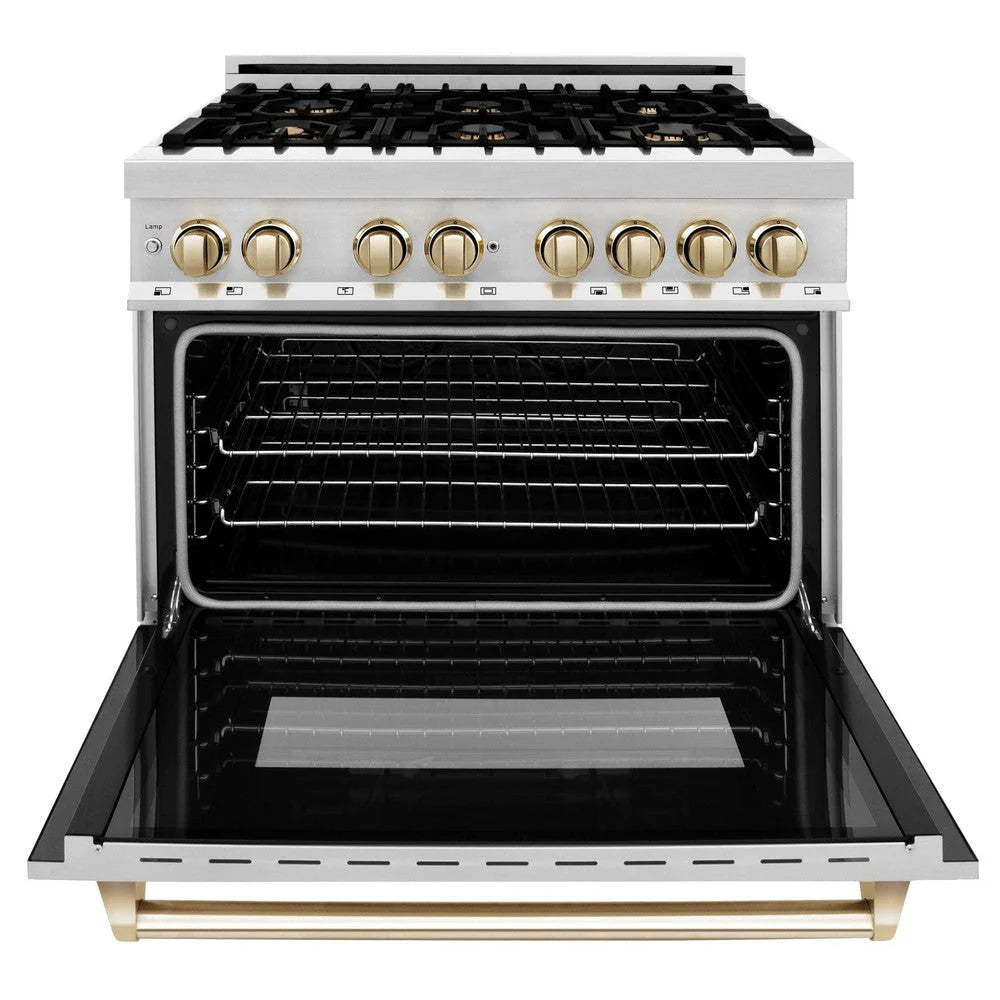ZLINE Autograph Edition 36 in. 4.6 cu. ft. Legacy Dual Fuel Range with 6 Burner Gas Cooktop and Electric Convection Oven in Stainless Steel and Polished Gold Accents (RAZ - 36 - G)