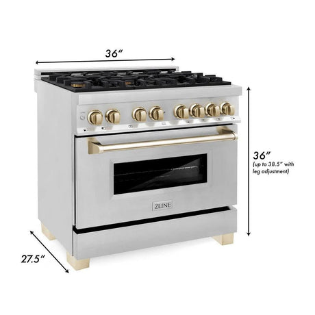 ZLINE Autograph Edition 36 in. 4.6 cu. ft. Legacy Dual Fuel Range with 6 Burner Gas Cooktop and Electric Convection Oven in Stainless Steel and Polished Gold Accents (RAZ - 36 - G)
