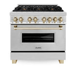 ZLINE Autograph Edition 36 in. 4.6 cu. ft. Legacy Dual Fuel Range with 6 Burner Gas Cooktop and Electric Convection Oven in Stainless Steel and Polished Gold Accents (RAZ - 36 - G)