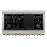 ZLINE Autograph Edition 48 in. 6.0 cu. ft. Legacy Dual Fuel Range with 7 Burner Gas Cooktop and 2 Electric Ovens in Stainless Steel and Polished Gold Accents (RAZ - 48 - G)