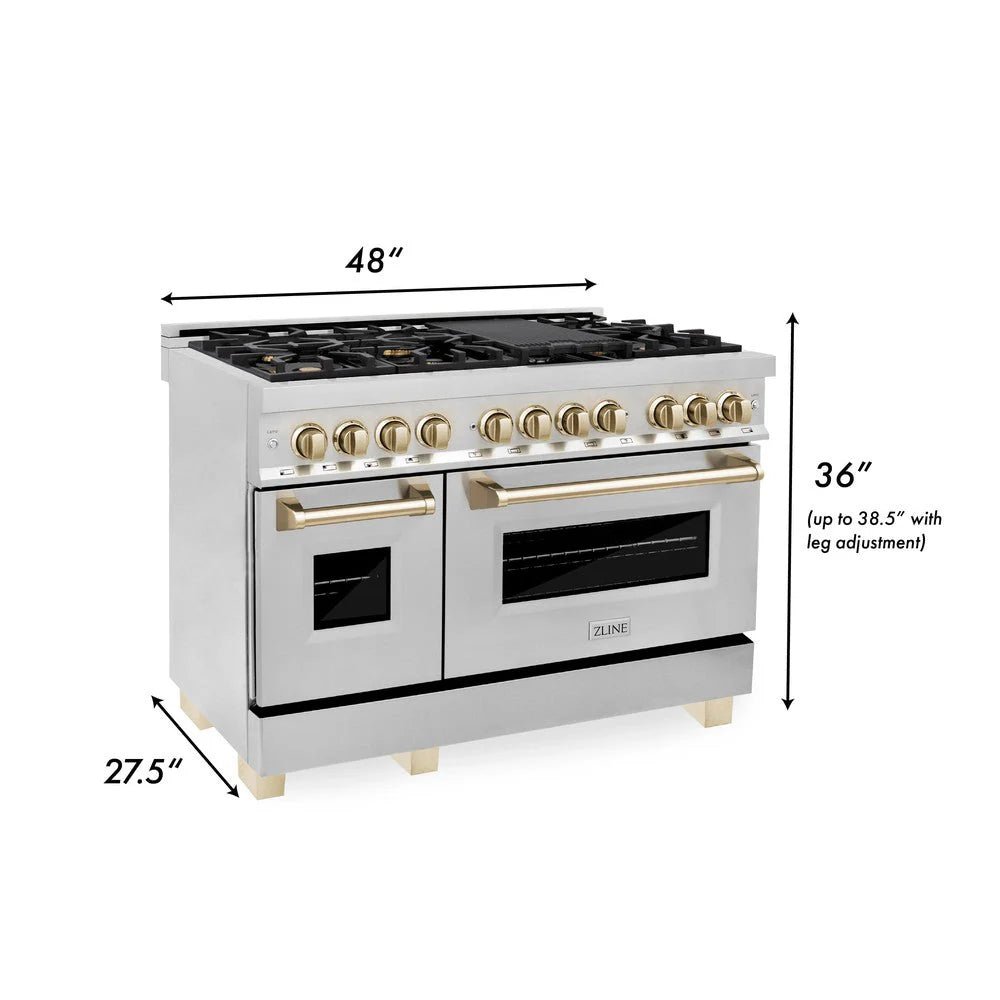 ZLINE Autograph Edition 48 in. 6.0 cu. ft. Legacy Dual Fuel Range with 7 Burner Gas Cooktop and 2 Electric Ovens in Stainless Steel and Polished Gold Accents (RAZ - 48 - G)