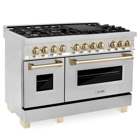 ZLINE Autograph Edition 48 in. 6.0 cu. ft. Legacy Dual Fuel Range with 7 Burner Gas Cooktop and 2 Electric Ovens in Stainless Steel and Polished Gold Accents (RAZ - 48 - G)