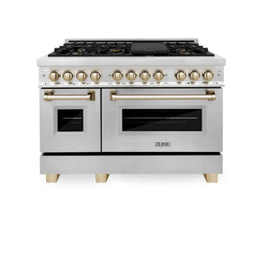 ZLINE Autograph Edition 48 in. 6.0 cu. ft. Legacy Dual Fuel Range with 7 Burner Gas Cooktop and 2 Electric Ovens in Stainless Steel and Polished Gold Accents (RAZ - 48 - G)