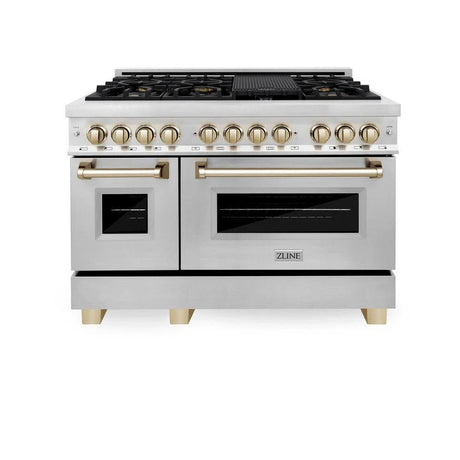 ZLINE Autograph Edition 48 in. 6.0 cu. ft. Legacy Dual Fuel Range with 7 Burner Gas Cooktop and 2 Electric Ovens in Stainless Steel and Polished Gold Accents (RAZ - 48 - G)