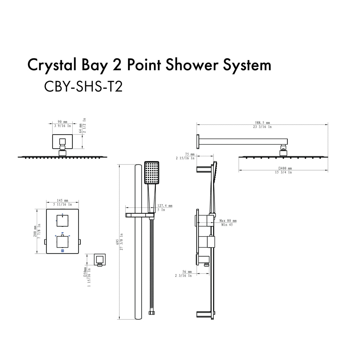 ZLINE Crystal Bay Thermostatic Shower System with color options (CBY-SHS-T2)