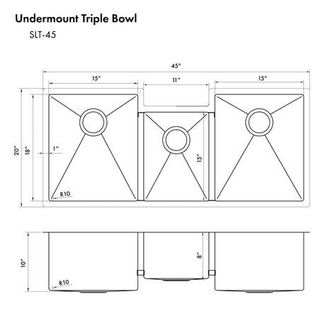 ZLINE 45" Breckenridge Undermount Triple Bowl Kitchen Sink with Bottom Grid and Accessories (SLT-45)