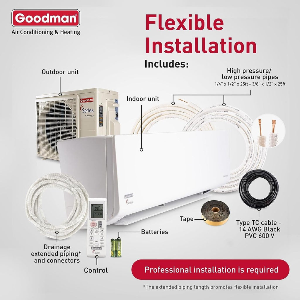 Goodman Mini Split 9,000 BTU 18 SEER2, Inverter Ductless Heat Pump Air