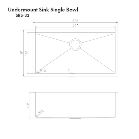 ZLINE 33" Meribel Undermount Single Bowl Kitchen Sink with Bottom Grid (SRS-33)