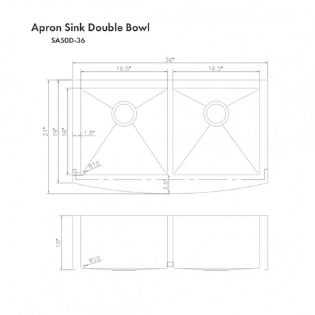 ZLINE 36" Niseko Farmhouse Apron Mount Double Bowl Kitchen Sink with Bottom Grid (SA50D)